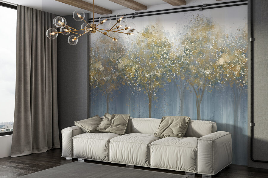 Pittura di alberi in una foresta nebbiosa