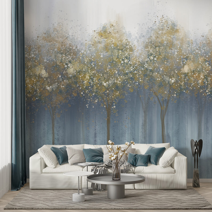 Pittura di alberi in una foresta nebbiosa