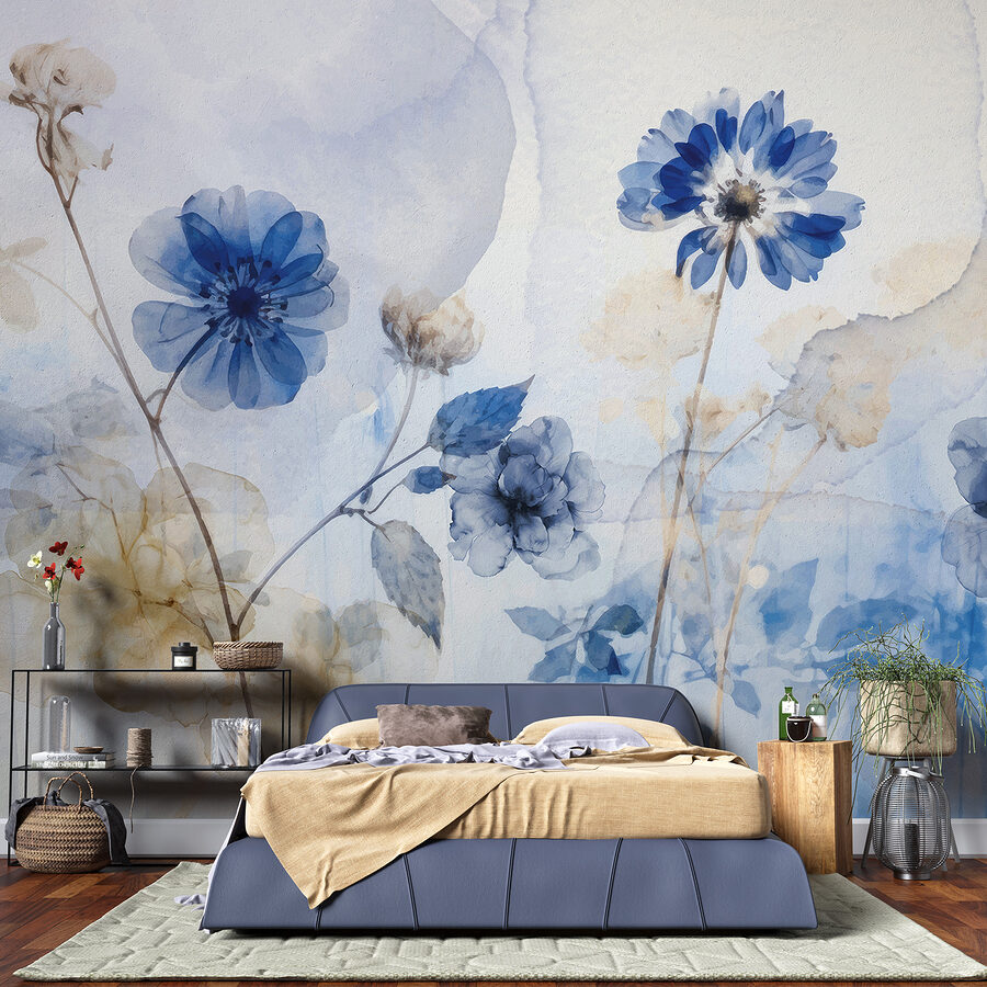 Carta da parati Fiori blu e bianchi