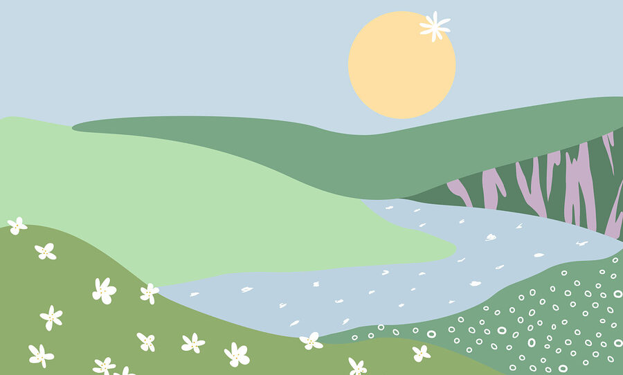 Paesaggio con fiume e fiori