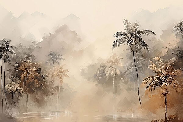 Pittura di una foresta con alberi e nebbia Pittura di una foresta con alberi e nebbia