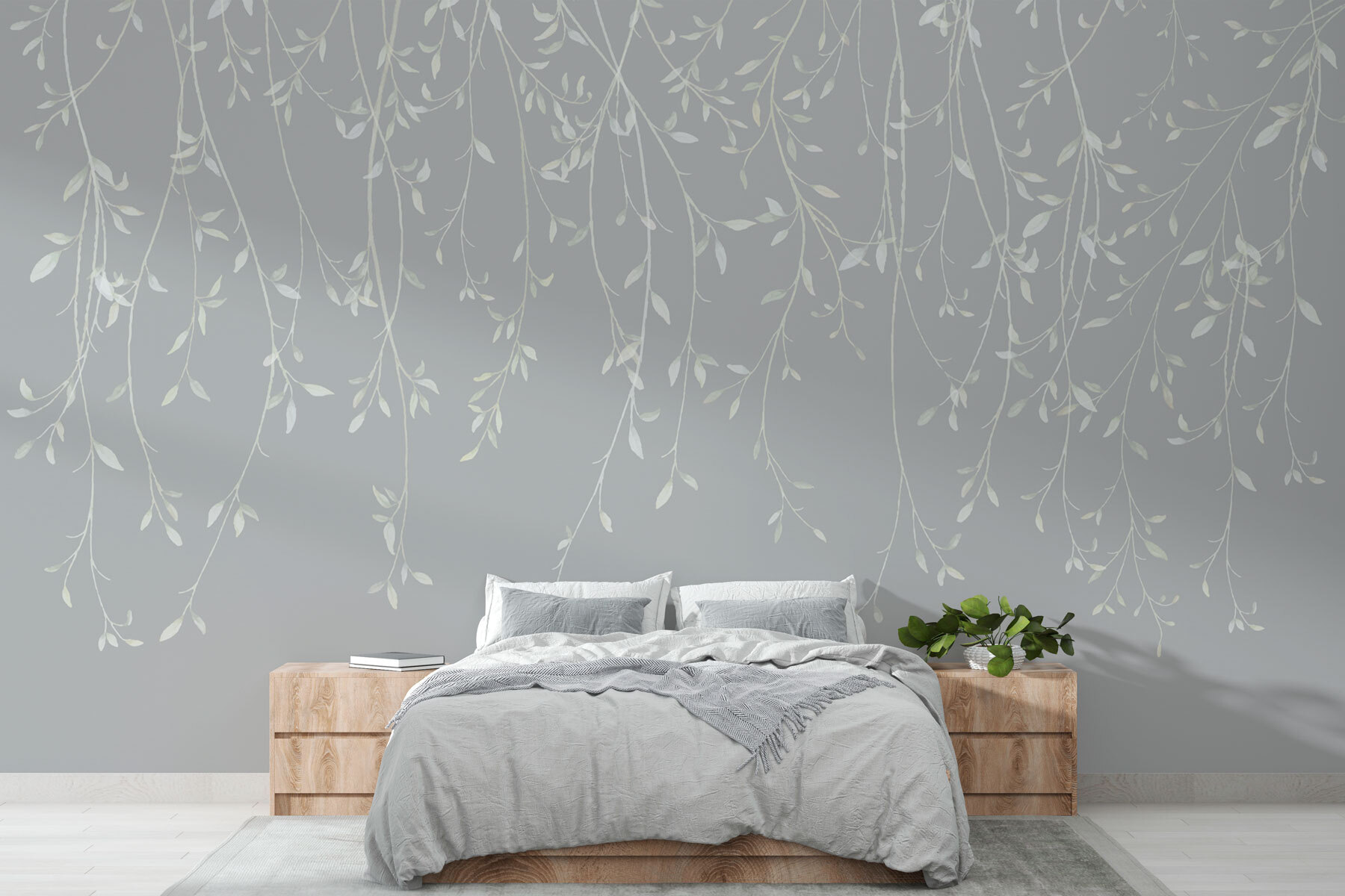 White and gray background with leaves