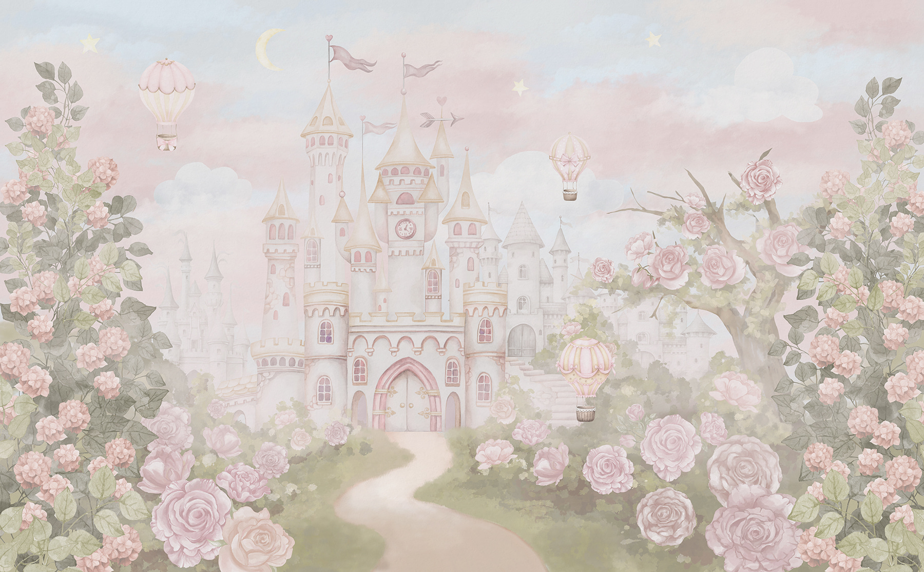 Castle with flowers and hot air balloons Castle with flowers and hot air balloons
