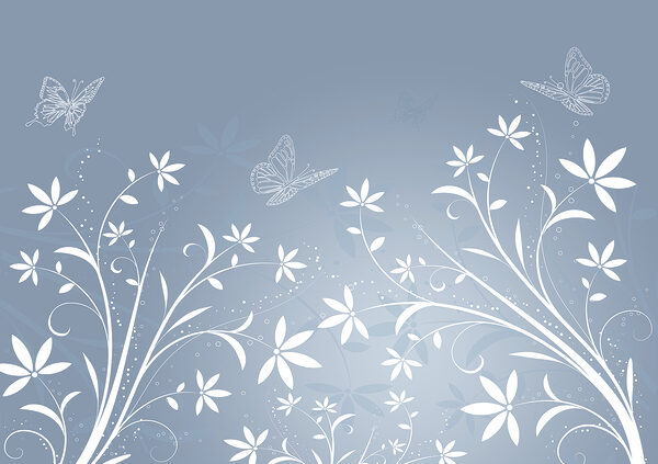 Fiori bianchi e farfalle su sfondo blu Fiori bianchi e farfalle su sfondo blu