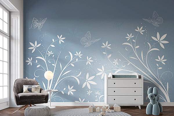 Fiori bianchi e farfalle su sfondo blu Fiori bianchi e farfalle su sfondo blu