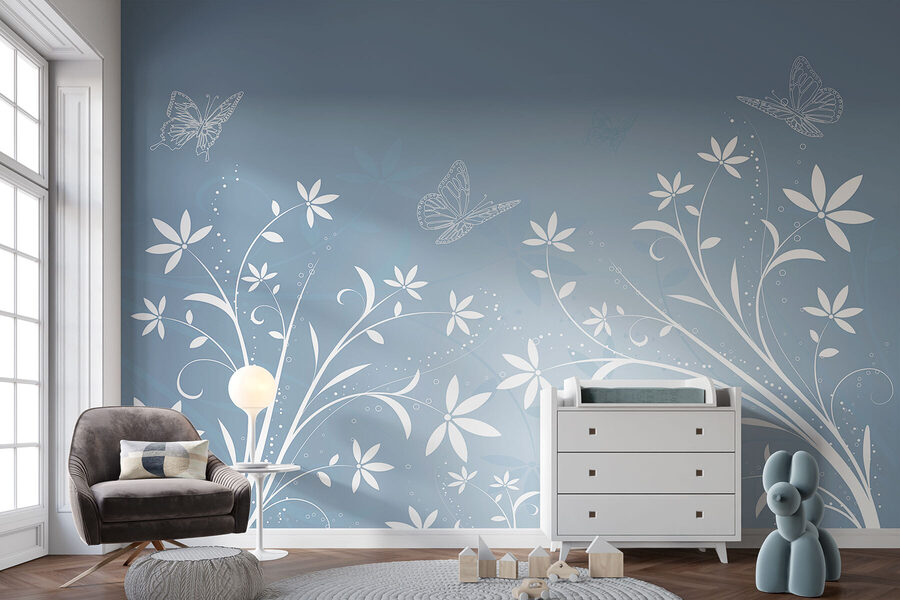 Fiori bianchi e farfalle su sfondo blu Fiori bianchi e farfalle su sfondo blu