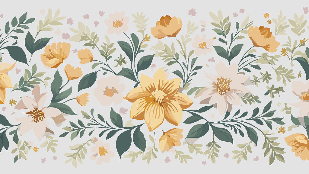 Disegno floreale con fiori gialli e foglie verdi Disegno floreale con fiori gialli e foglie verdi