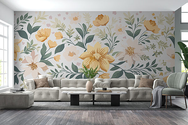 Disegno floreale con fiori gialli e foglie verdi Disegno floreale con fiori gialli e foglie verdi