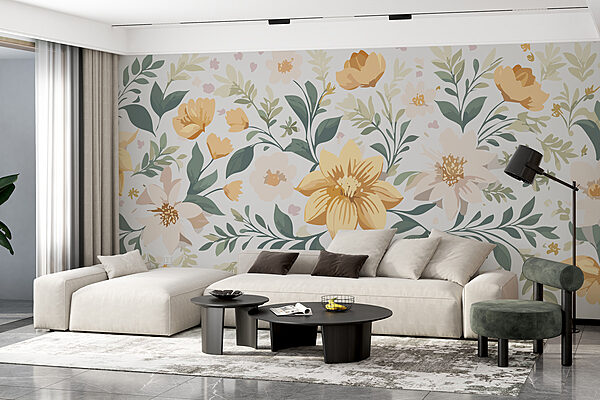 Disegno floreale con fiori gialli e foglie verdi Disegno floreale con fiori gialli e foglie verdi