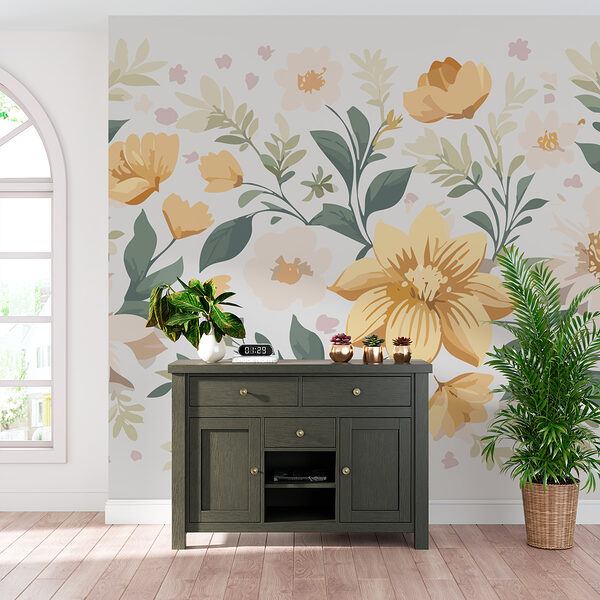 Disegno floreale con fiori gialli e foglie verdi Disegno floreale con fiori gialli e foglie verdi