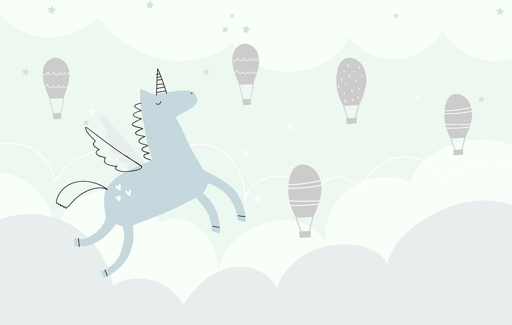 Unicorno blu con ali e ali che volano nel cielo con le mongolfiere Unicorno blu con ali e ali che volano nel cielo con le mongolfiere