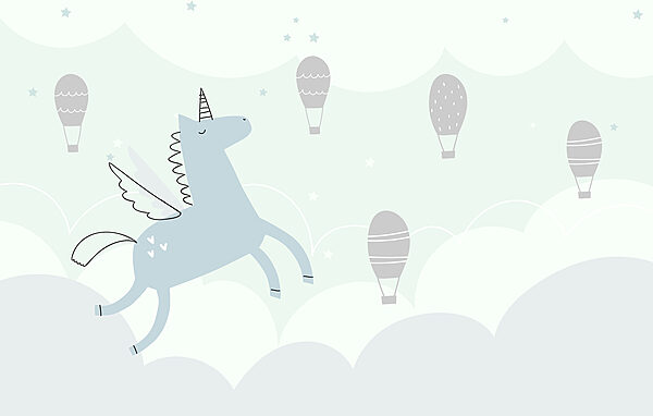 Unicorno blu con ali e ali che volano nel cielo con le mongolfiere Unicorno blu con ali e ali che volano nel cielo con le mongolfiere