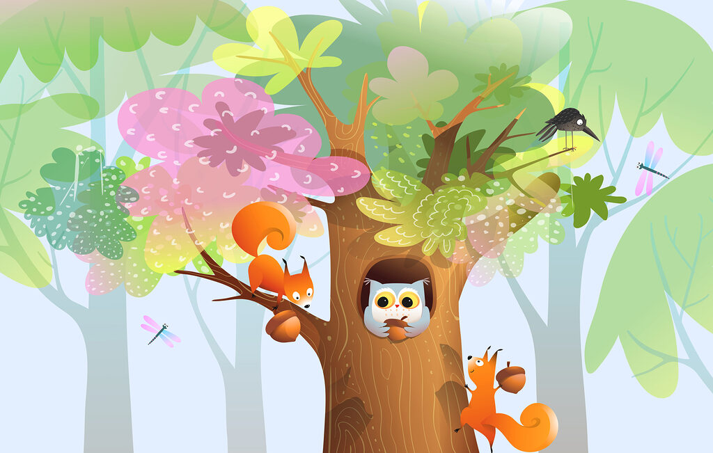 Cartone animato di animali su un albero Cartone animato di animali su un albero