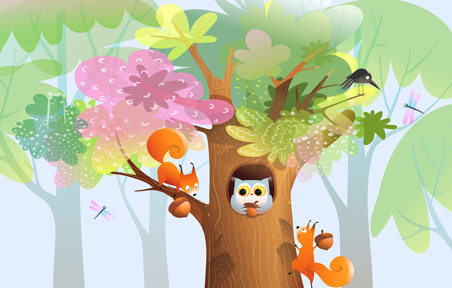 Cartone animato di animali su un albero