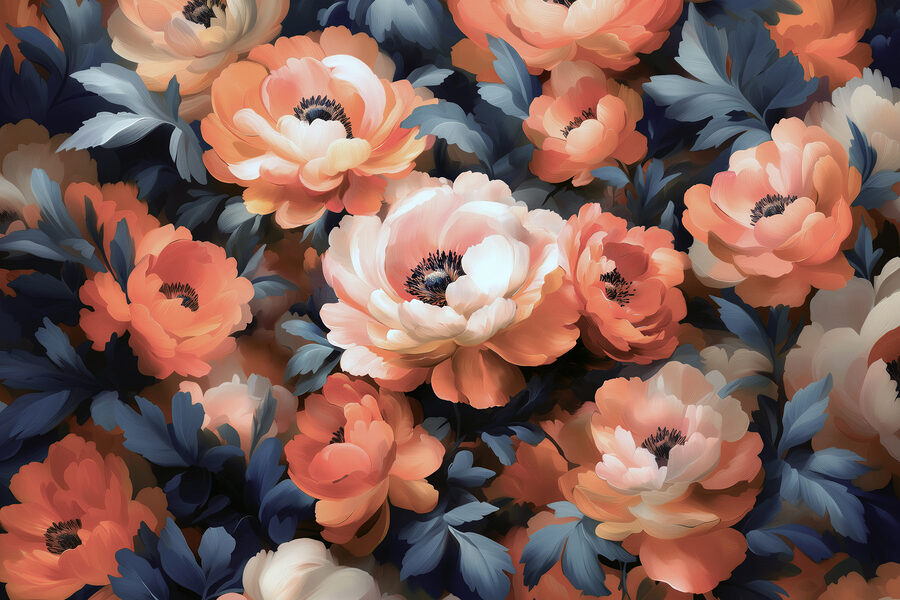 Gruppo di fiori con foglie blu