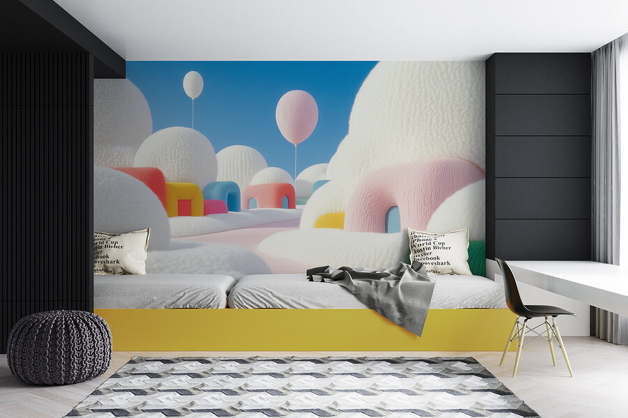 Carta da parati Paesaggio con palloncini ed edifici