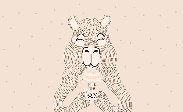 Cartone animato di un orso che tiene in mano un tè alle bollicine Cartone animato di un orso che tiene in mano un tè alle bollicine