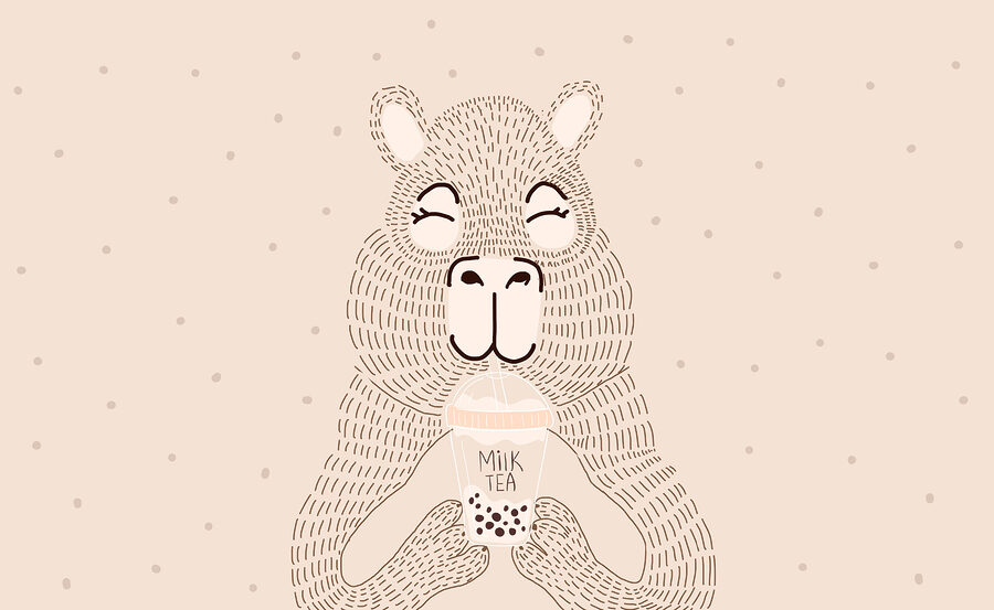 Cartone animato di un orso che tiene in mano un tè alle bollicine Cartone animato di un orso che tiene in mano un tè alle bollicine