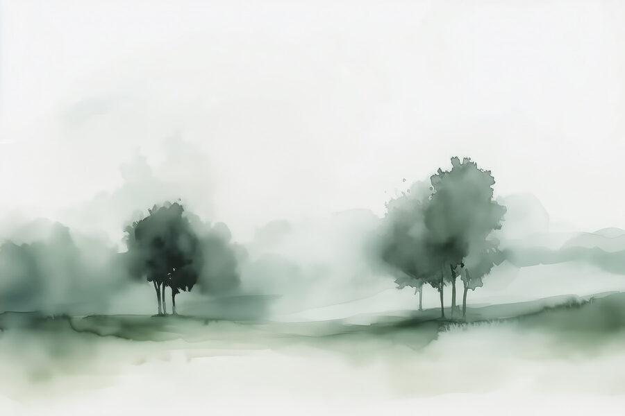 Gruppo di alberi in un paesaggio nebbioso