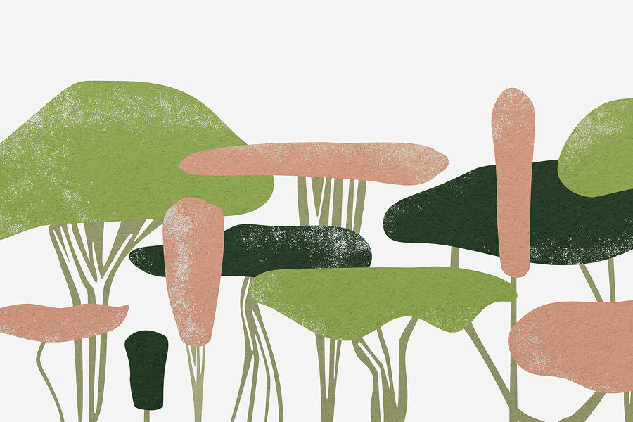 Gruppo di alberi con foglie verdi e rosa