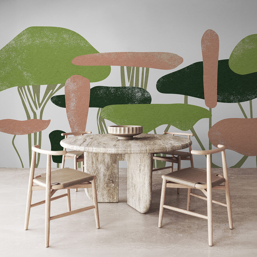 Gruppo di alberi con foglie verdi e rosa