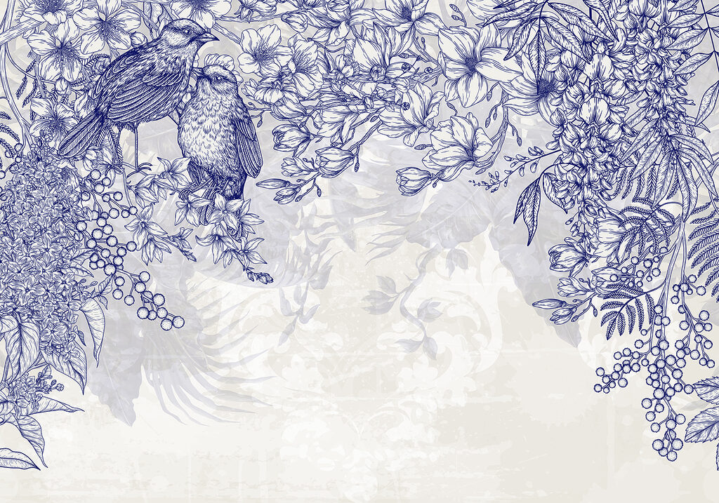 Disegno blu e bianco di uccelli e fiori Disegno blu e bianco di uccelli e fiori