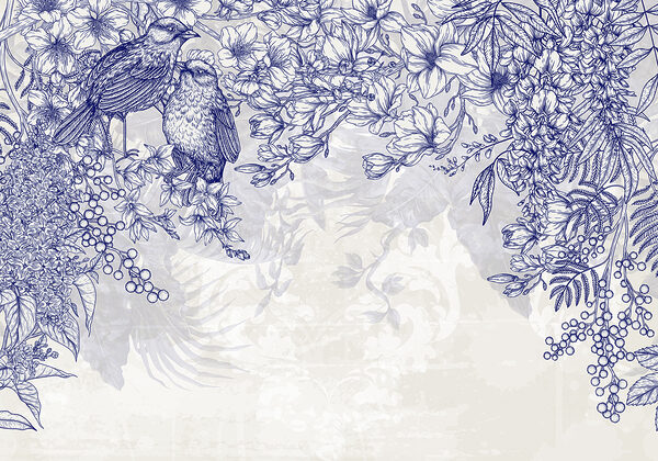 Disegno blu e bianco di uccelli e fiori Disegno blu e bianco di uccelli e fiori