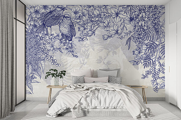 Disegno blu e bianco di uccelli e fiori Disegno blu e bianco di uccelli e fiori