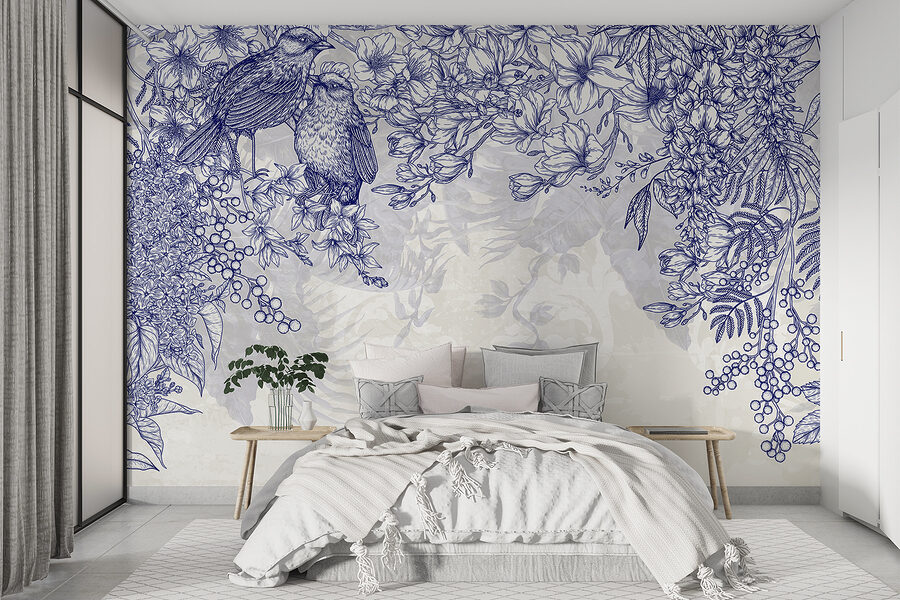 Disegno blu e bianco di uccelli e fiori