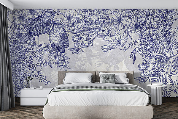 Disegno blu e bianco di uccelli e fiori Disegno blu e bianco di uccelli e fiori