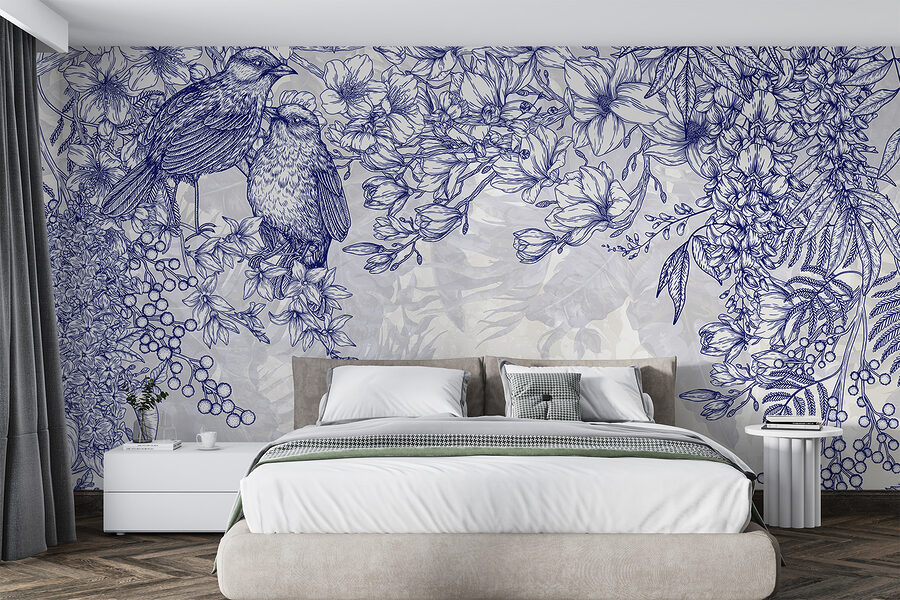 Disegno blu e bianco di uccelli e fiori