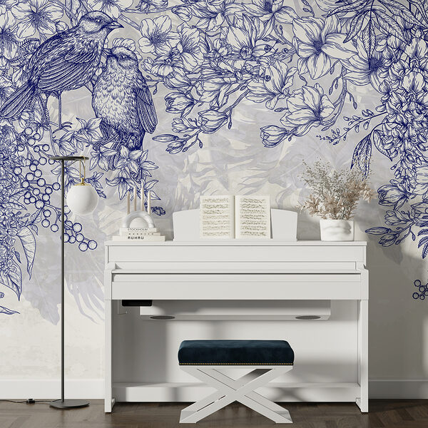 Disegno blu e bianco di uccelli e fiori Disegno blu e bianco di uccelli e fiori