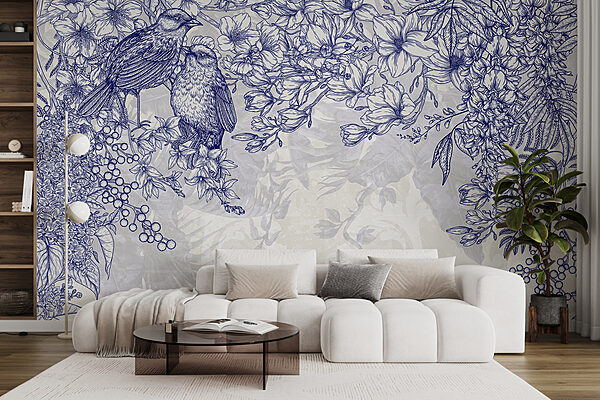 Disegno blu e bianco di uccelli e fiori Disegno blu e bianco di uccelli e fiori