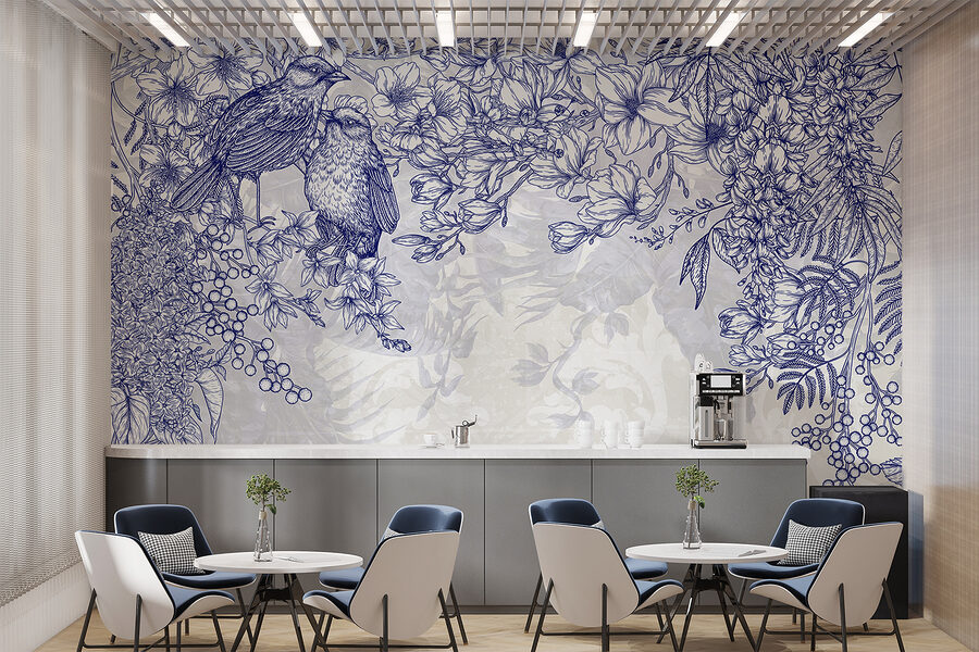 Disegno blu e bianco di uccelli e fiori