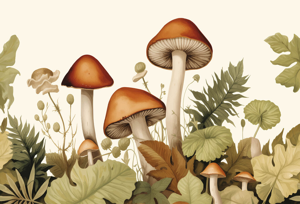 Gruppo di funghi con foglie Gruppo di funghi con foglie