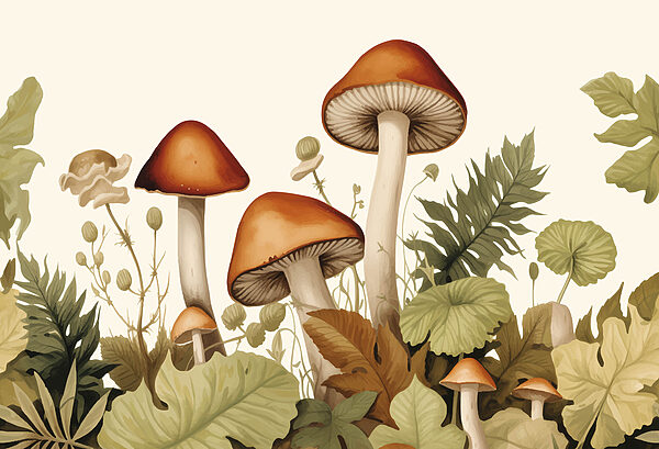 Gruppo di funghi con foglie Gruppo di funghi con foglie
