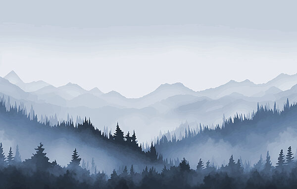 Paesaggio montano nebbioso con alberi e montagne Paesaggio montano nebbioso con alberi e montagne