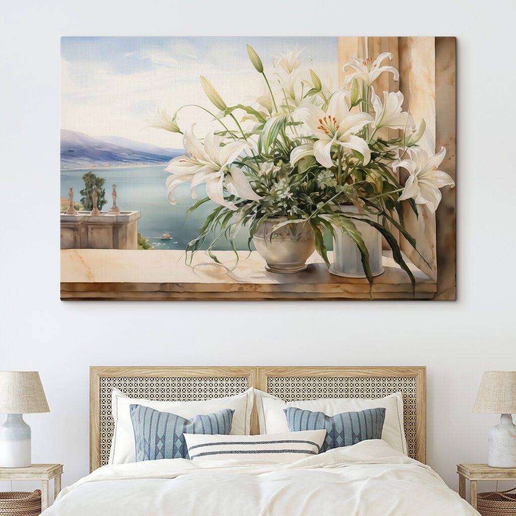 Painting of a white flower pot with white flowers