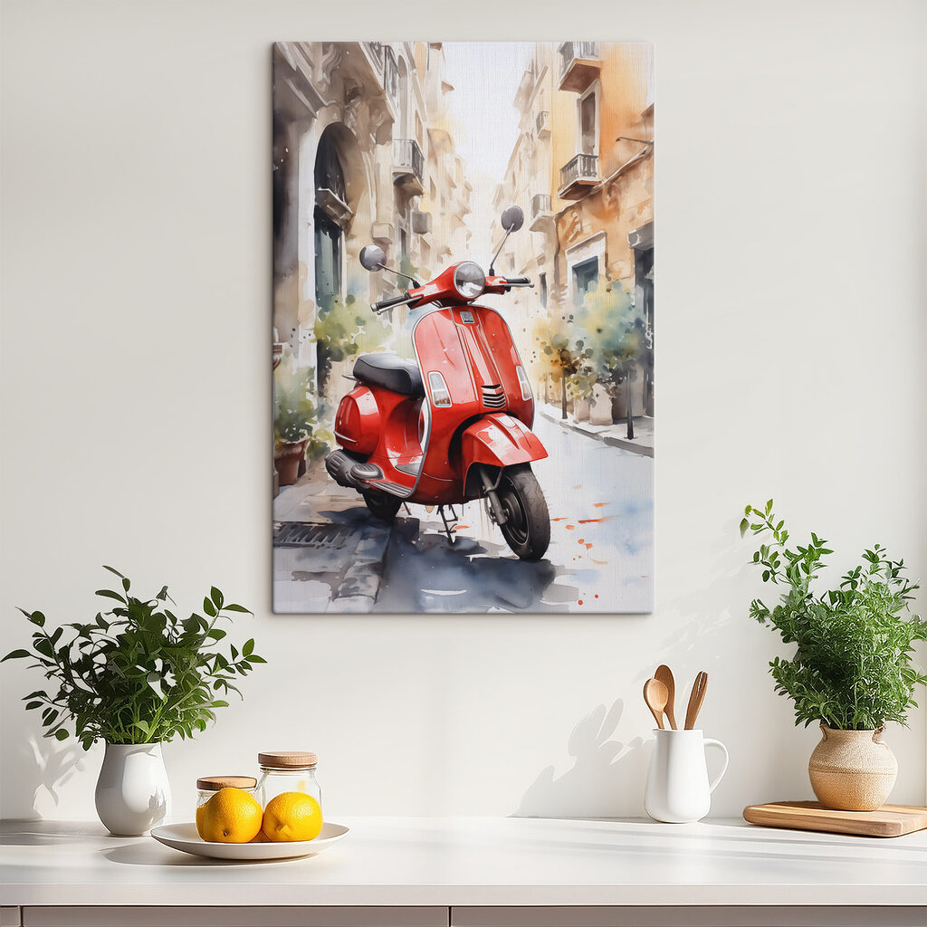 Red scooter on a street Red scooter on a street