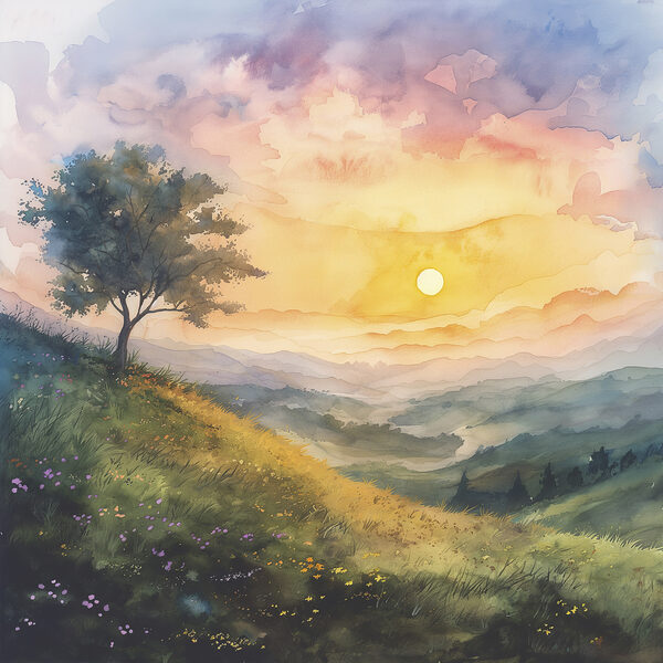 Painting of a landscape with a tree and flowers