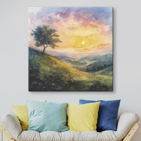 Painting of a landscape with a tree and flowers