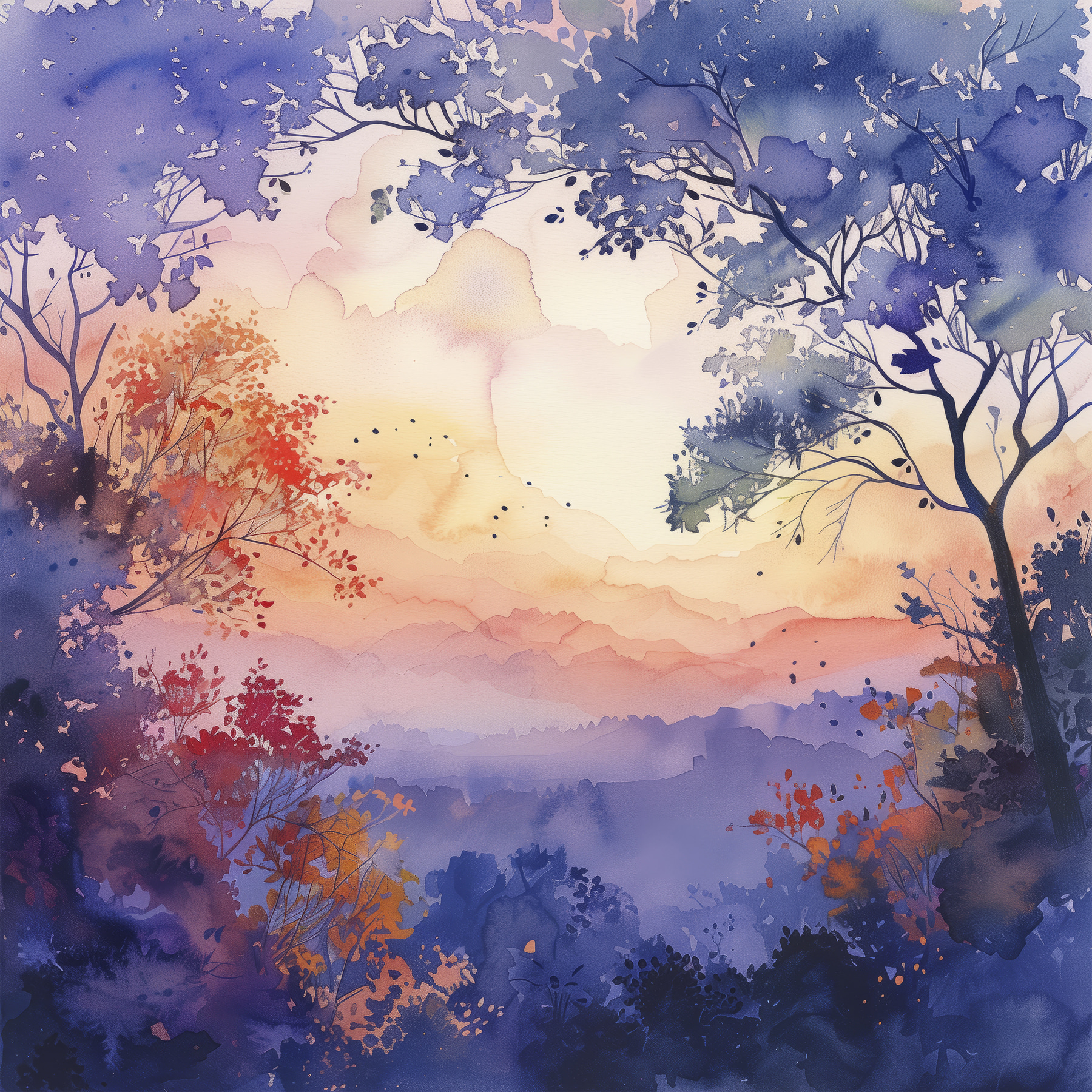 Watercolor painting of trees and a sunset