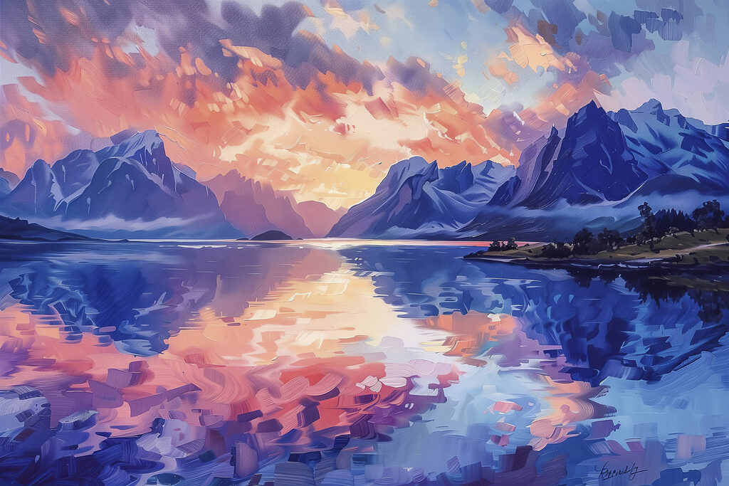 Painting of mountains and water