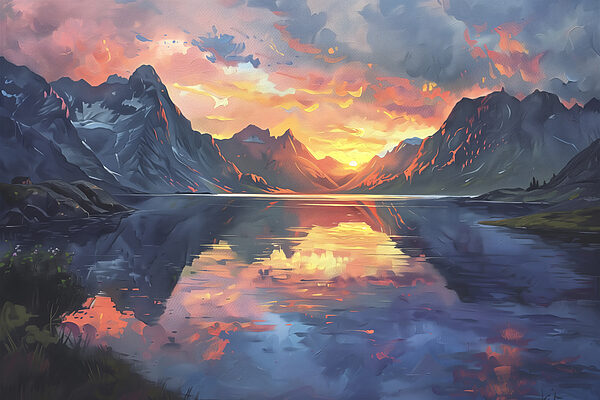 Mountain range with a lake and sunset