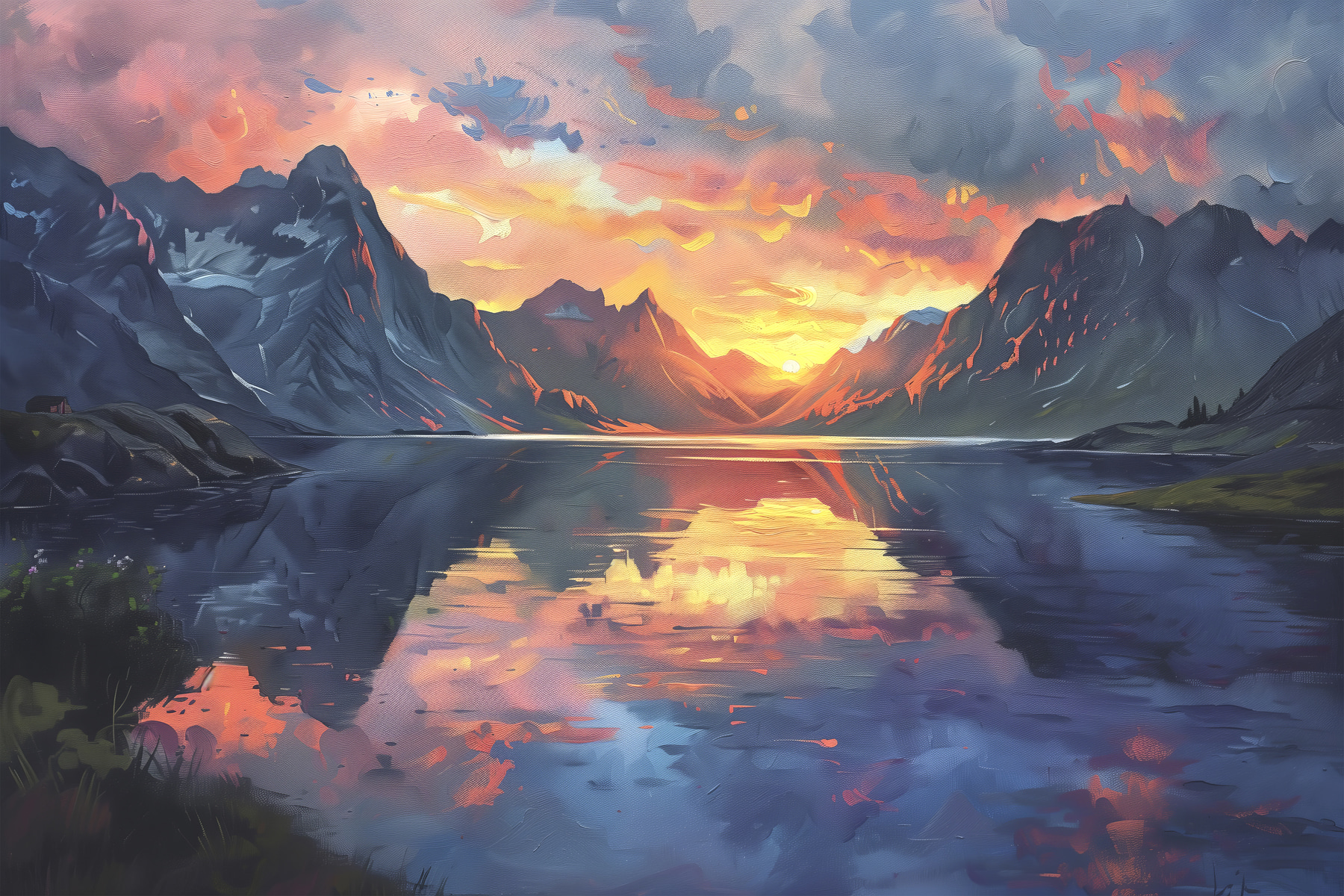 Mountain range with a lake and sunset