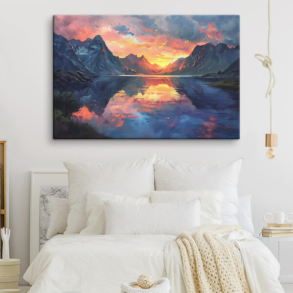Mountain range with a lake and sunset