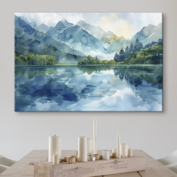 Quadri Quadri Acquerello raffigurante un lago con alberi e montagne sullo sfondo (COD: s40310)