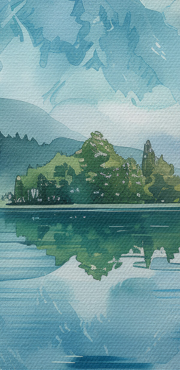 Water painting of a lake with trees and mountains in the background Water painting of a lake with trees and mountains in the background