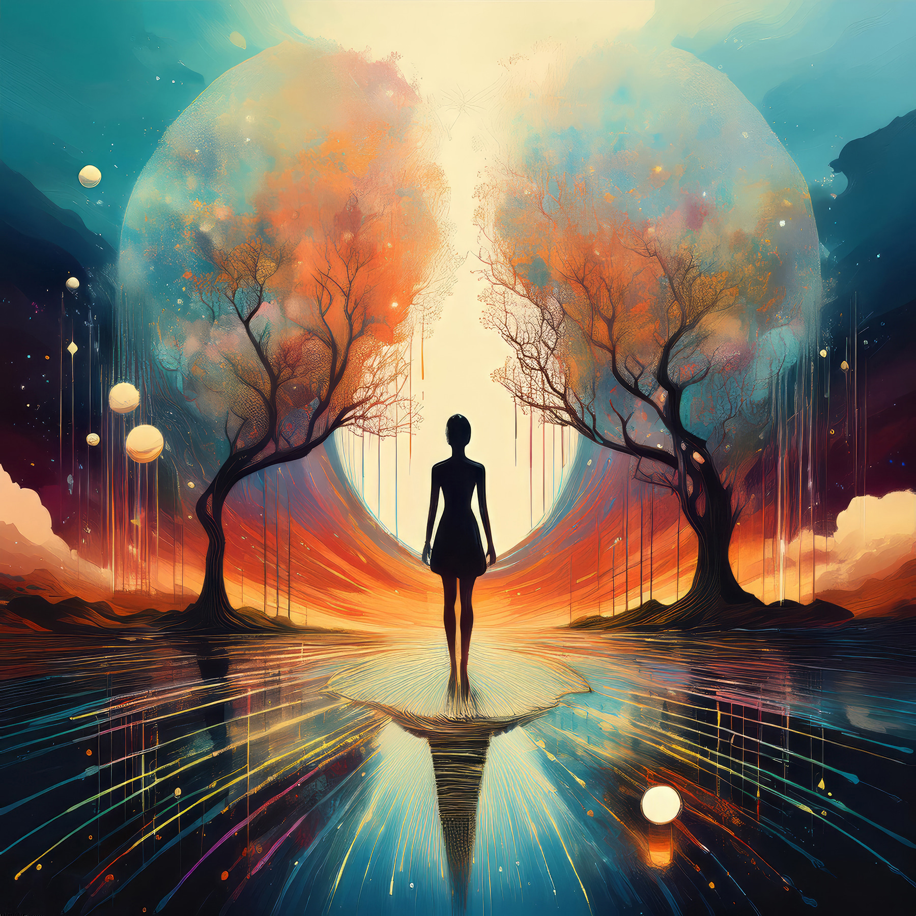 Woman standing on a reflective surface with trees and a large moon Woman standing on a reflective surface with trees and a large moon