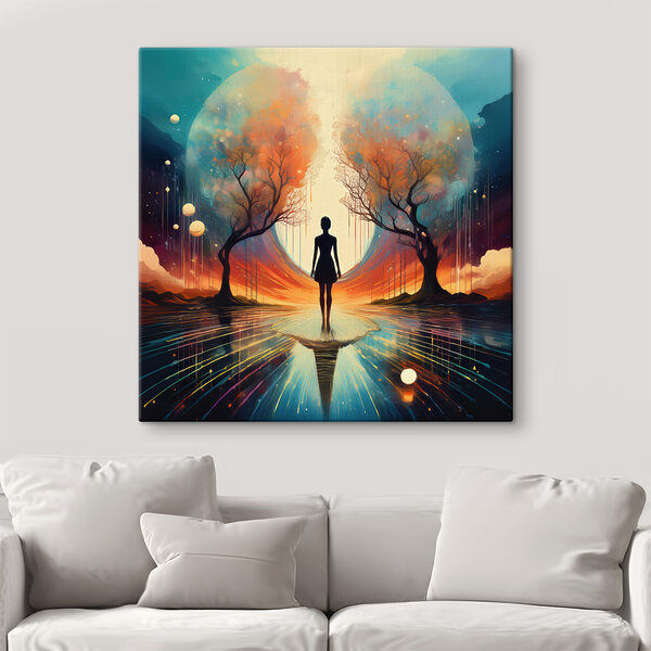 Quadri Una donna in piedi su una superficie riflettente, con alberi e una grande luna (COD: s40713) Quadri Quadri Una donna in piedi su una superficie riflettente, con alberi e una grande luna (COD: s40713)